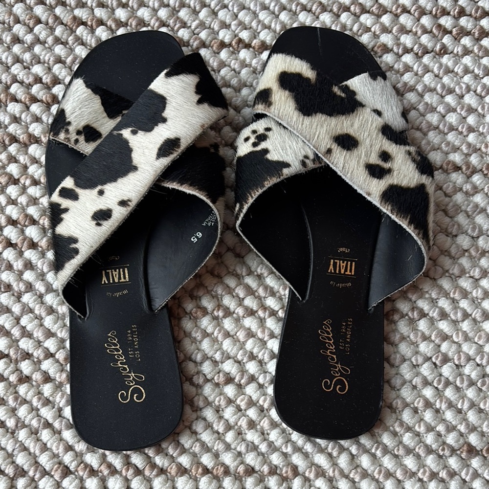 Seychelles Black and White Cow Print Sandals
